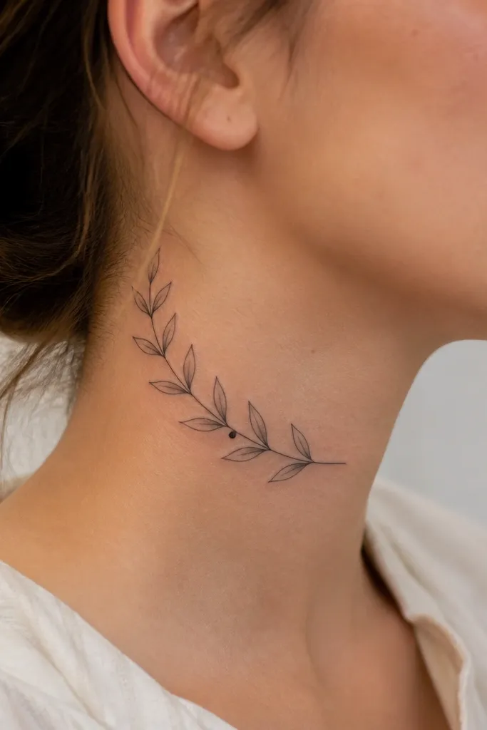 A curved laurel branch band wrapping the side of the neck from behind the ear toward the front, drawn in fine black lines with light gray leaf shading. Leaves are spaced evenly, with one small berry dot near the midpoint.