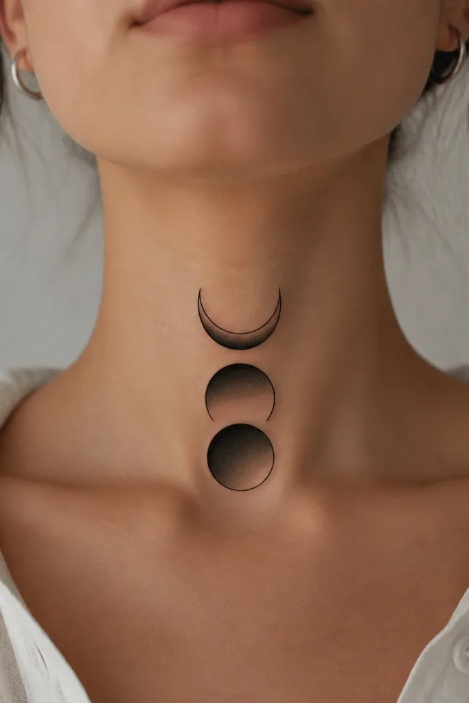 A vertical stack of three geometric moon phases on the front of the neck, each moon made of crisp black arcs with thin outlines. The negative space between arcs is clean, and each moon has a light gray gradient shadow.