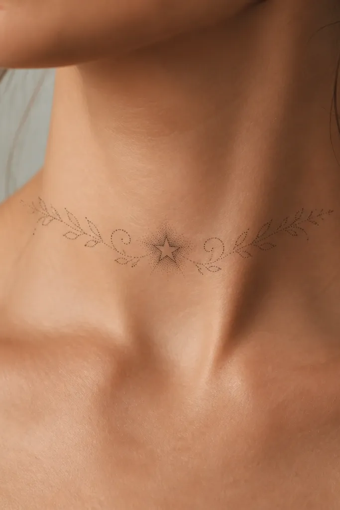A dotted choker band across the lower front neck, with dotwork forming tiny swirls and leaf-like curves. In the center sits a small five-point star with dense dots and a subtle gray halo around it.