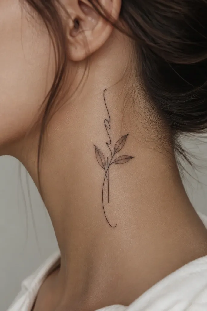 A narrow vertical banner of cursive script on the side of the neck, but the script is partially wrapped by a small leaf that crosses the banner. The leaf has fine linework with soft gray shading underneath.