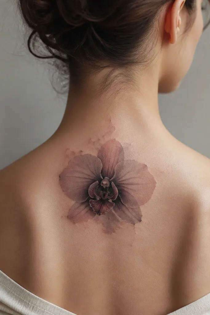 A single orchid on the back-upper side of the neck, with blackwork petals and a watercolor wash effect in gray and muted mauve. The edges are soft, with a darker core and lighter bleeding outward.