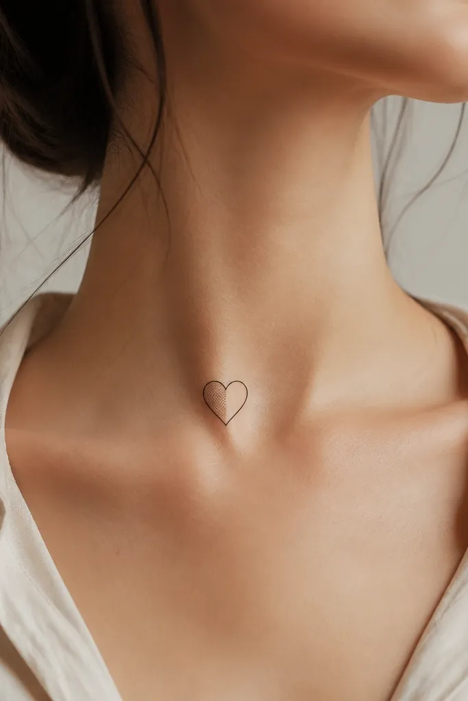 A small heart on the front neck, drawn with fine black lines and a clean outline. Inside the heart, there's only a subtle crosshatch pattern in one half, leaving the other half mostly negative space.