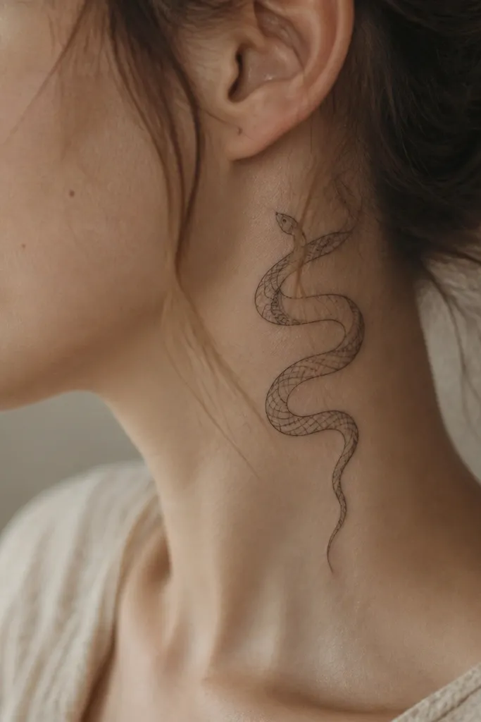 A small serpent coil wrapping the side neck, drawn with fine black lines and tiny scale dots. The coil is mostly outline with selective gray shading under the belly.