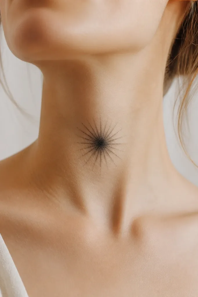 A starburst on the upper front neck made of short black rays, with a stamped texture where the rays overlap. The center is denser black, and the rays fade into soft gray gradients.