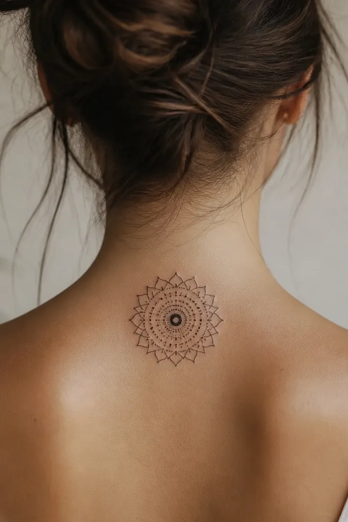 A small mandala panel on the upper back neck, centered between the shoulder line and the hairline. It has thin black outer petals, then several rings of dotwork, and a tiny dark center circle.