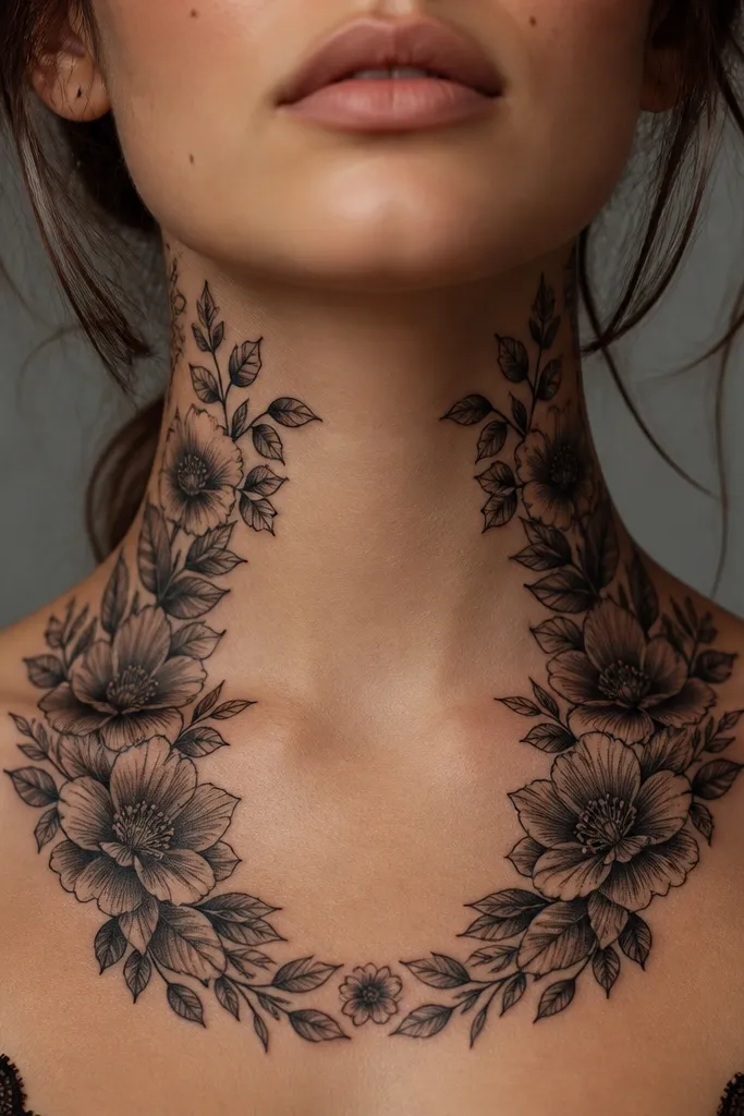 A dark floral frame on the front neck, like a wreath around a central oval window of clean skin. Flowers are blackwork with gray shading, and leaves fill the sides of the oval.