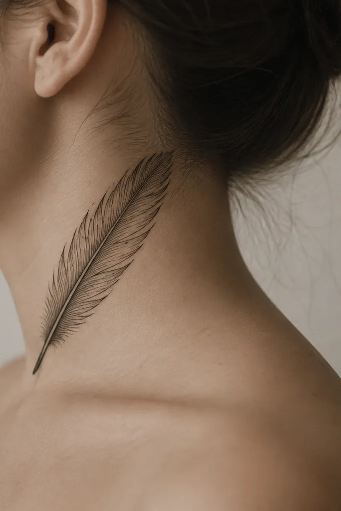 A single feather angled from the side neck toward the back, drawn in crisp black outline with crosshatch shading on the quill. The feather has sparse dot accents along the barbs.