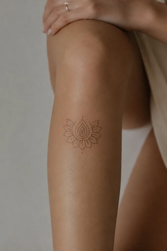A minimalist mandala on the shin-knee seam: a small oval center with a teardrop shape, surrounded by a simple half-ring of petals.