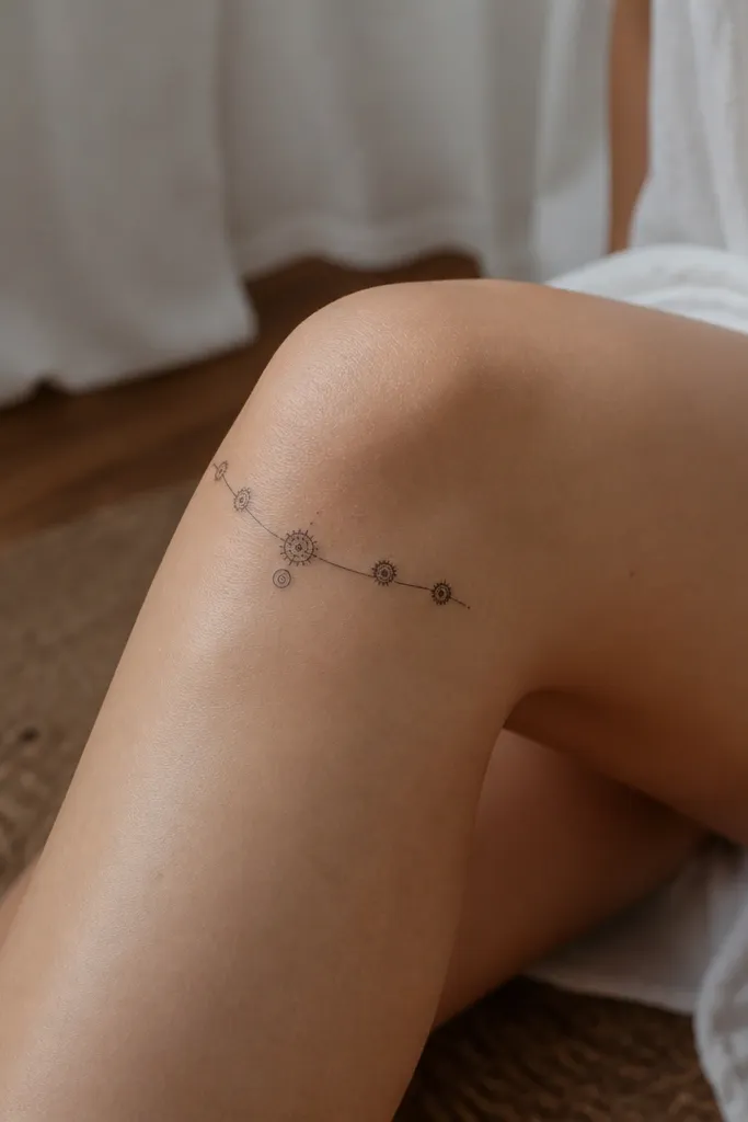 A thin black arc on the outer knee that curves like a bracelet, with 5 small mandala dots nested along it and a tiny central swirl.