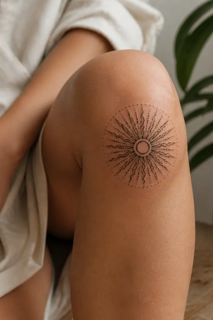 Black dotwork radiates from a small center circle into a compact mandala sunburst on the knee, with short curved rays and a clean outer boundary.