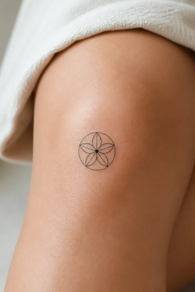 A tiny knee mandala wheel with exactly five petals evenly spaced around a small black center dot, all in clean black lines.