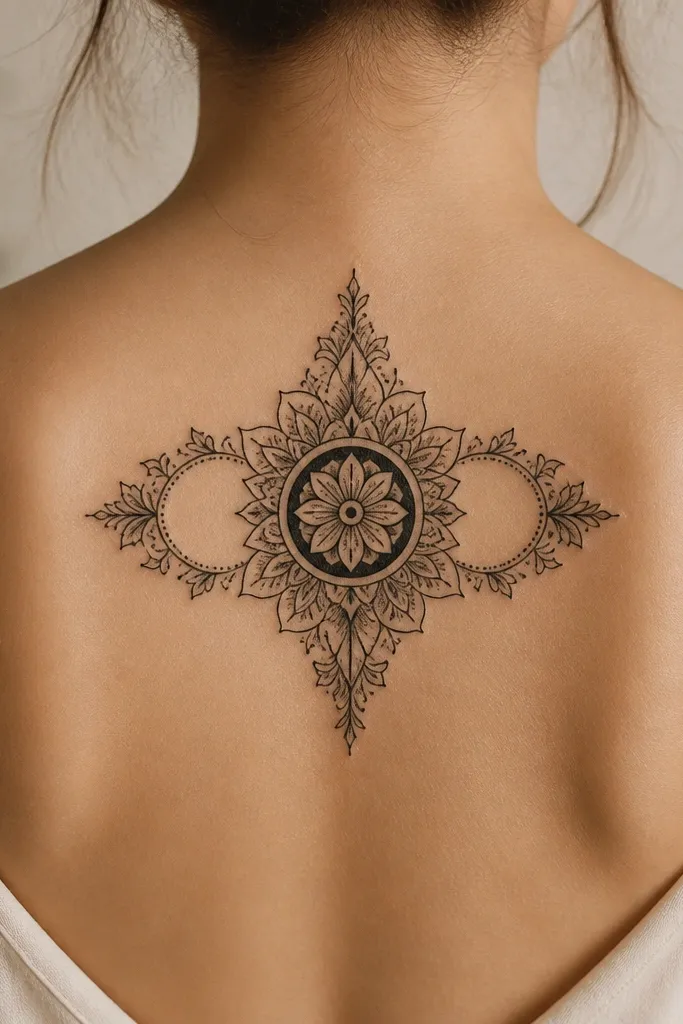 A compact mandala where two side sections are left as skin (negative space), framing a black center ring and small petal details.