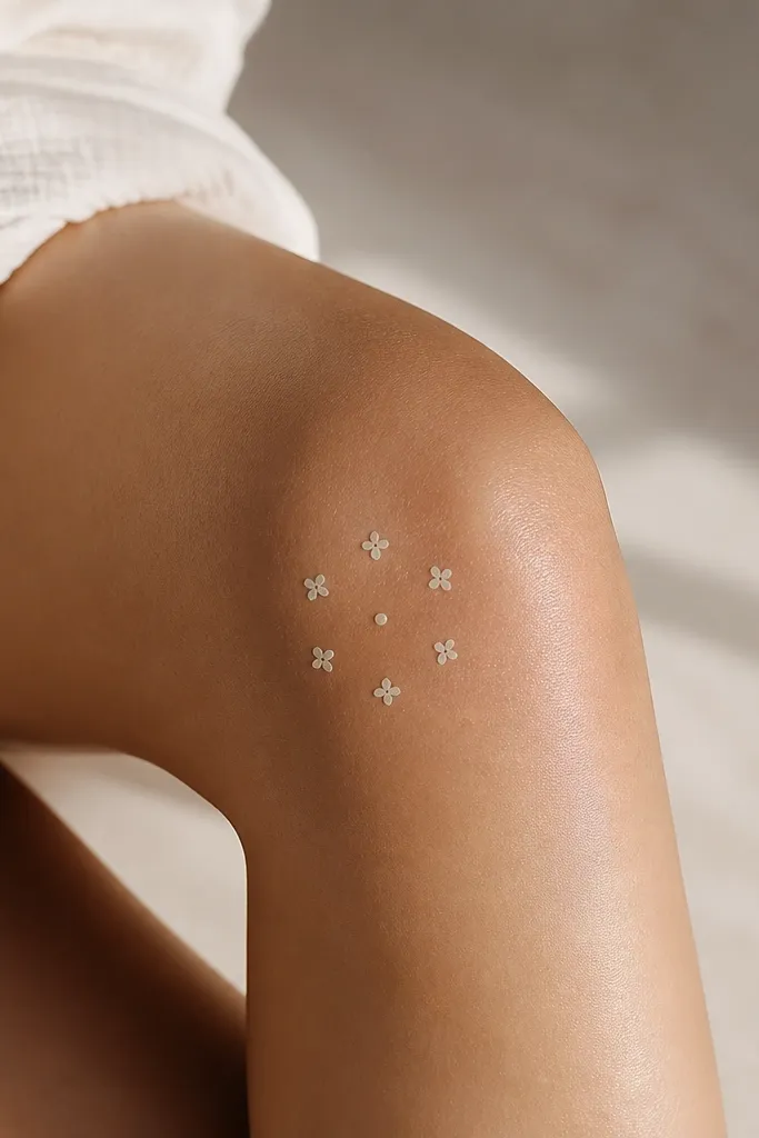 A small center dot with six tiny micro-flowers (each a simple 4-petal shape) spaced around it on the knee.