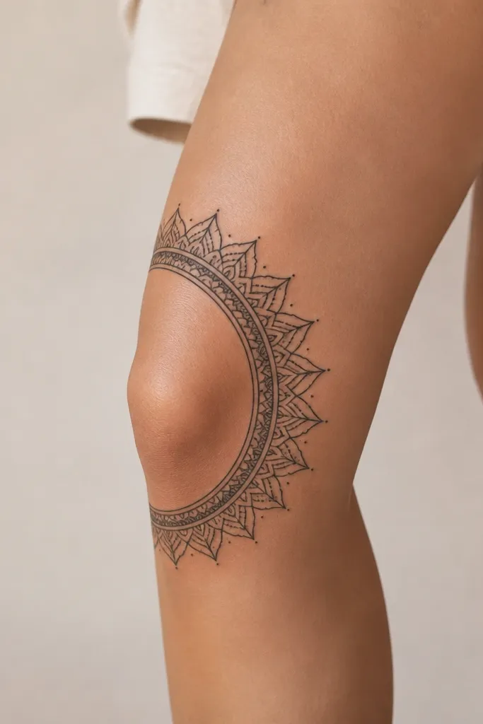 A half mandala that wraps like a bracelet around the outer knee: black ring segments with small petal spikes, leaving the inner side blank.