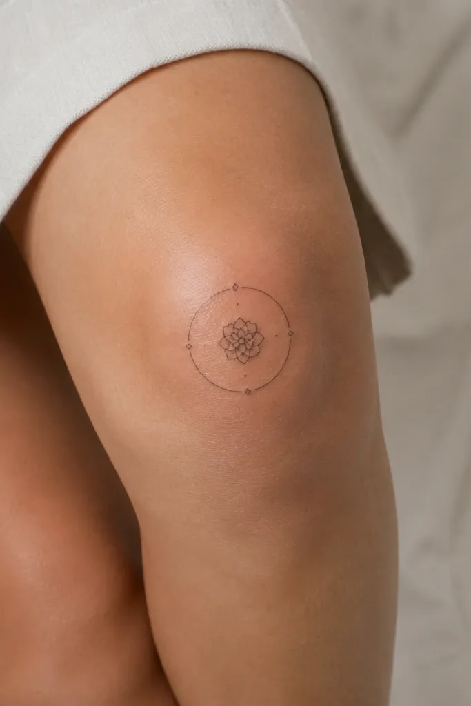 A compact rosette flower at the center with a thin outer ring and 8 small evenly spaced marks around the ring on the knee.