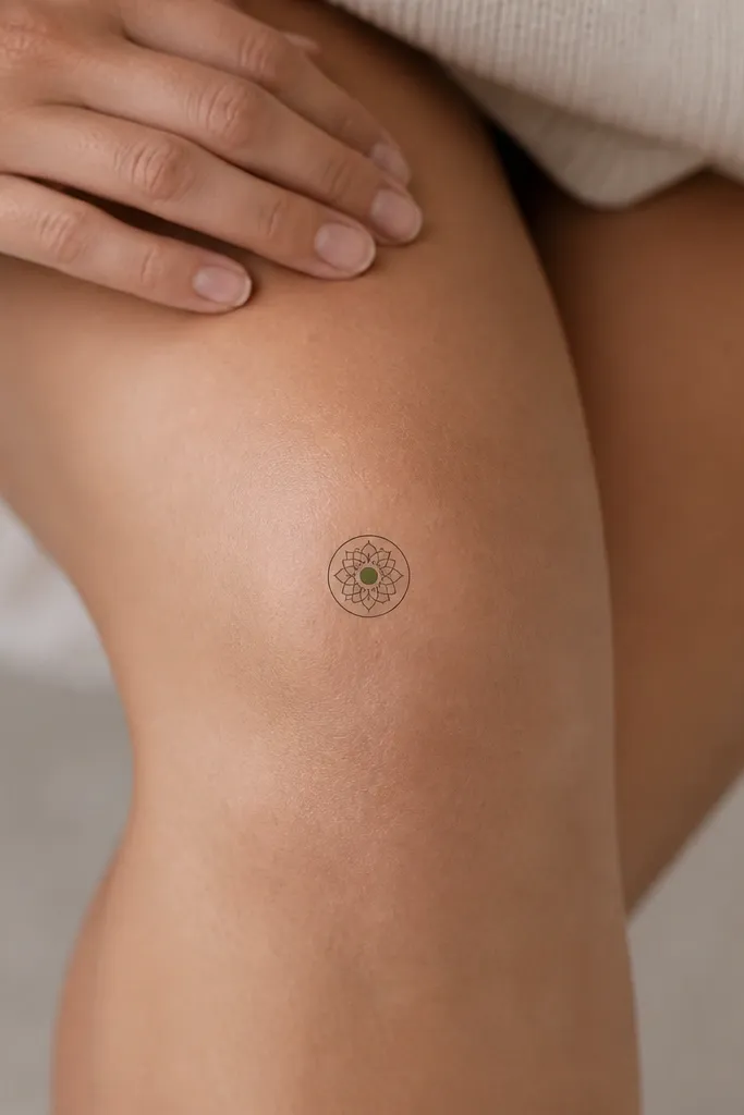 A tiny black mandala on the knee with a small center, thin outer ring, and one single muted color dot (soft olive or dusty green) at the center.