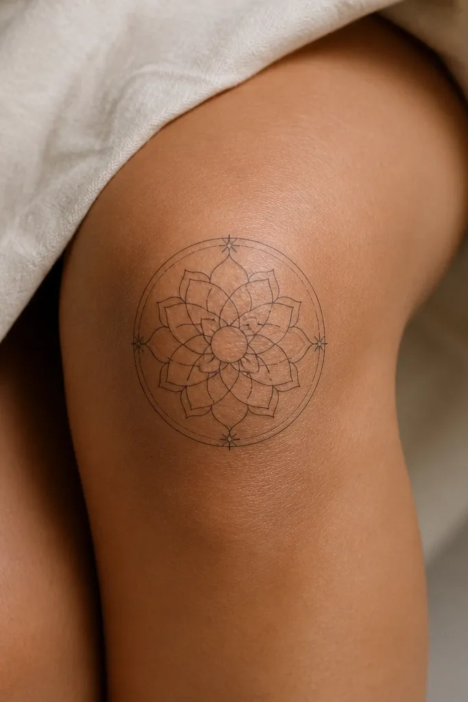 A simple line mandala circle on the knee with three tiny star shapes placed at the top, left, and bottom inside the ring.
