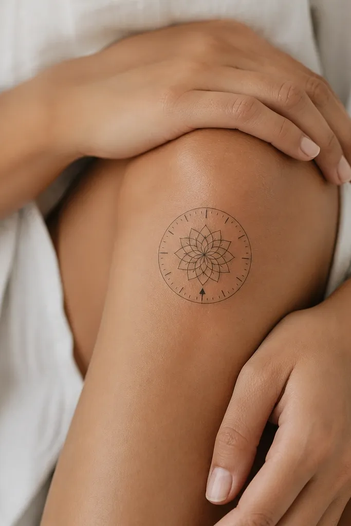 A compact mandala drawn like a clock: a circle with 12 short tick marks and a tiny triangular hand pointing to the center on the knee.