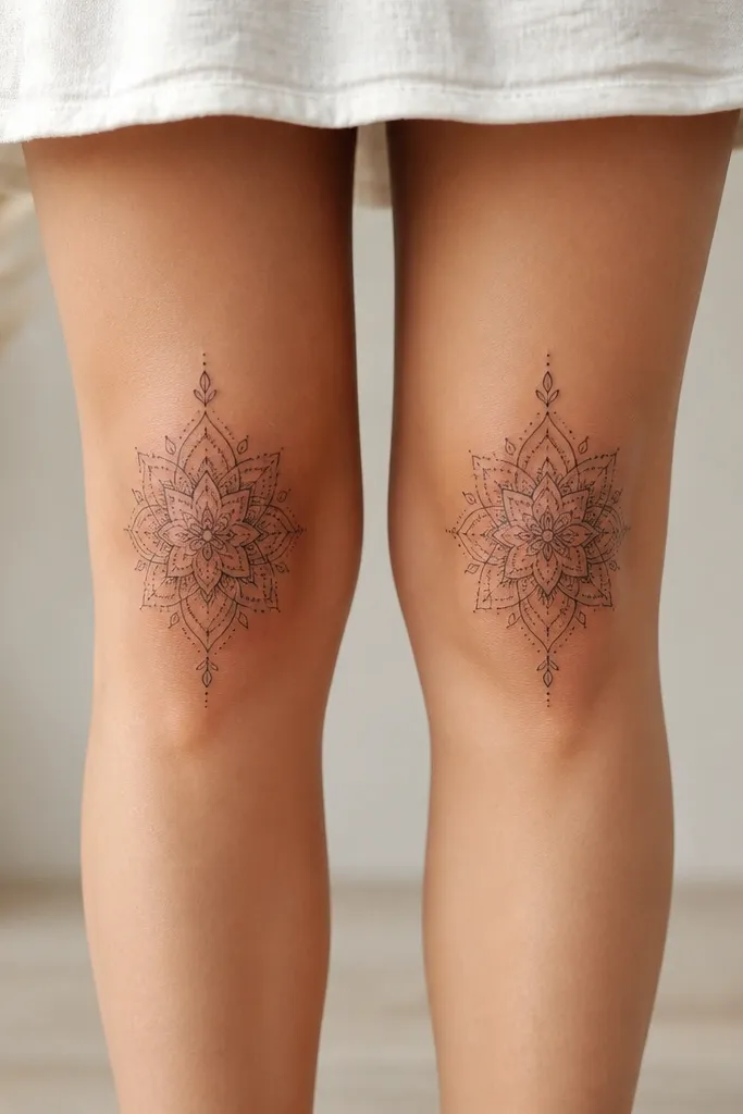 Simple mandala knee tattoos for women