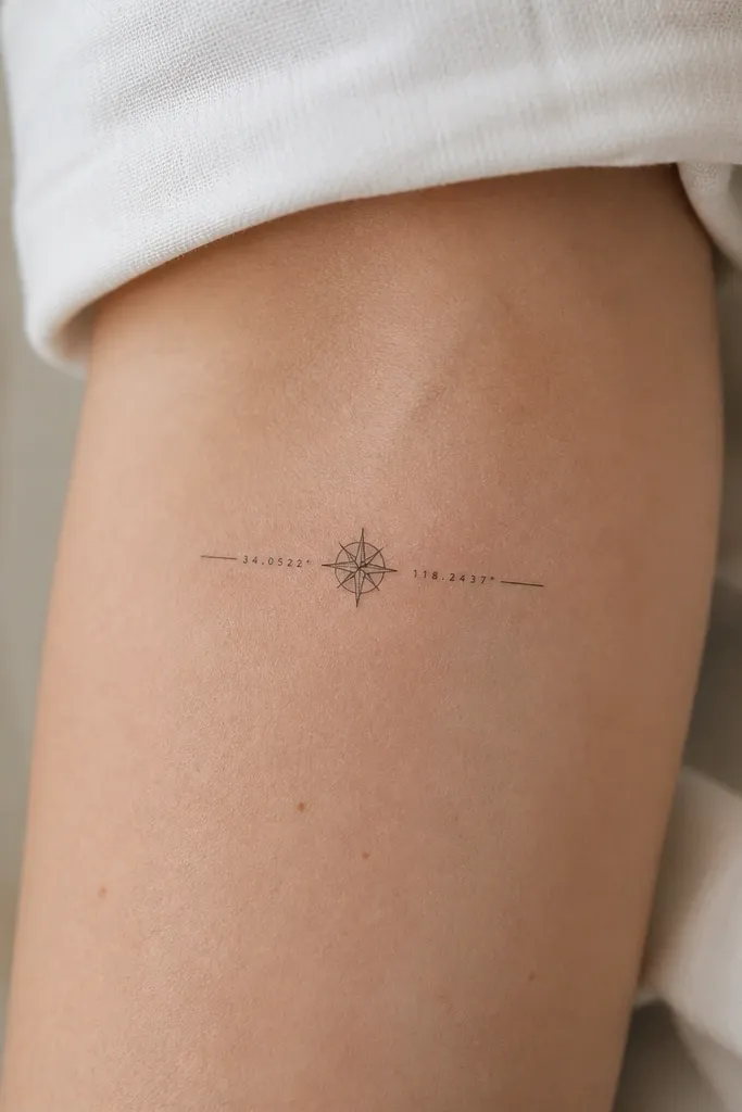 A small compass rose outline in the center with two short coordinate lines on either side, all in fine black. The coordinate numbers are tiny but evenly spaced and straight.