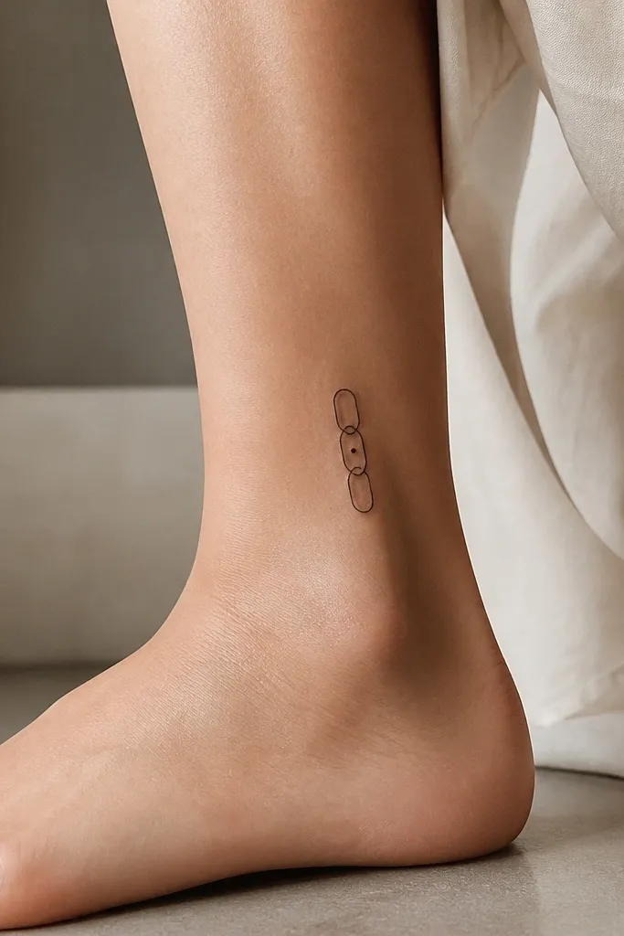 A small vertical cluster of three chain links on the wrist or inner ankle, each link outlined in fine black with tiny negative-space gaps. One link has a dot at its center.