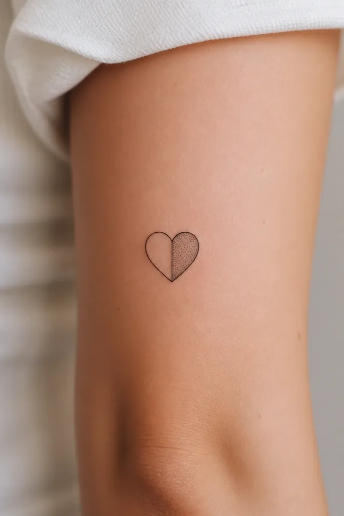 A small heart split down the center with a thin outline. One half is plain black outline, the other half has a tight field of dot shading inside.