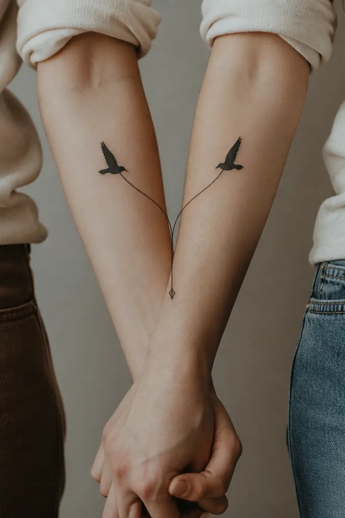 Two minimalist bird silhouettes on matching forearms, both facing outward. Their tails merge into a single thin line that ends in a small arrowhead.