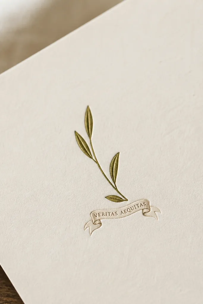 A single small laurel sprig curving upward with two or three leaves, and a tiny ribbon banner at the base with two short words in fine lettering.