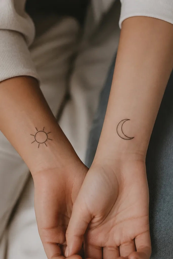 A small sun outline on one wrist and a moon outline on the matching friend's wrist. The sun has 8 short rays and the moon has a crescent with fine dot shading on the inner curve.