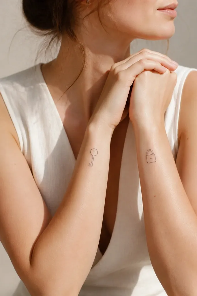 A small key outline on one arm and a small lock outline on the other. Each has a single dot detail: one dot on the key's bow and one dot on the lock's shackle area.