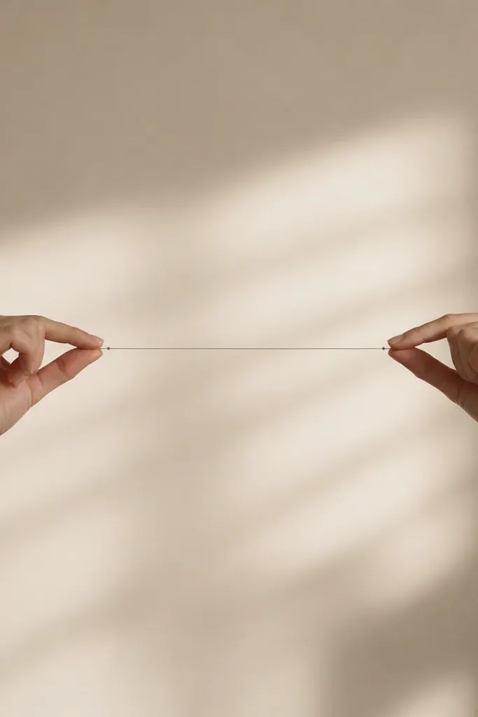 A tiny outline of two hands facing each other, holding a very thin horizontal line. The line ends in two small rounded dots on each side.