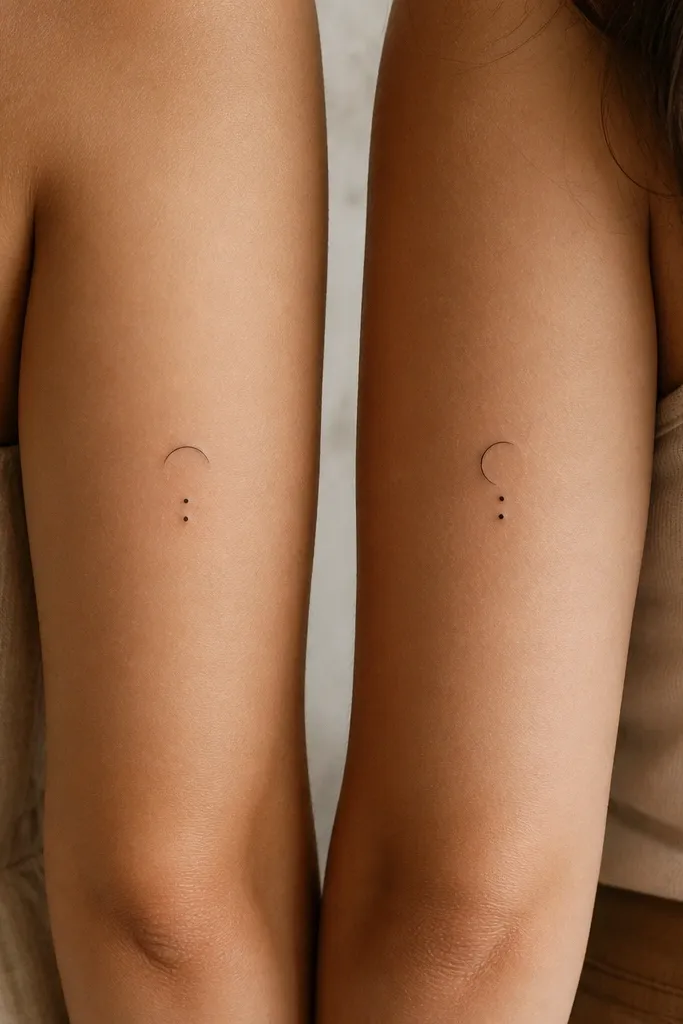 A small crescent arc in fine black with two stacked dots under it. One friend's tattoo has the arc slightly more open; the other's is the next phase with the same dot placement.