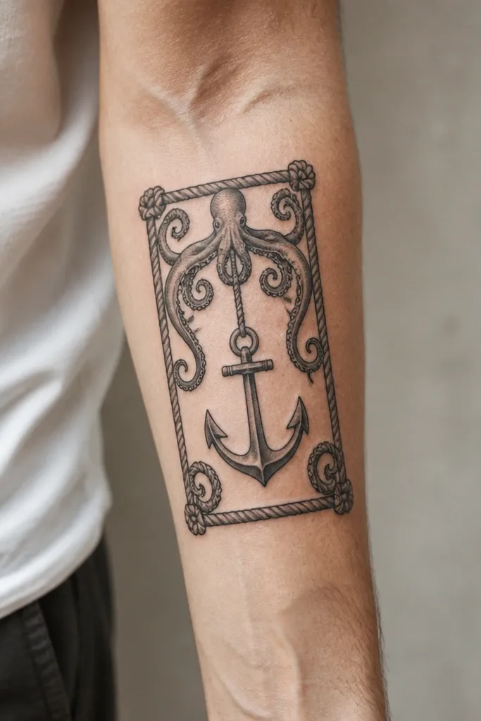 The outer forearm has a rectangular rope frame. In the center, an anchor hangs from the top rope, while a smaller octopus head sits above the anchor with tentacles curling into the corners.