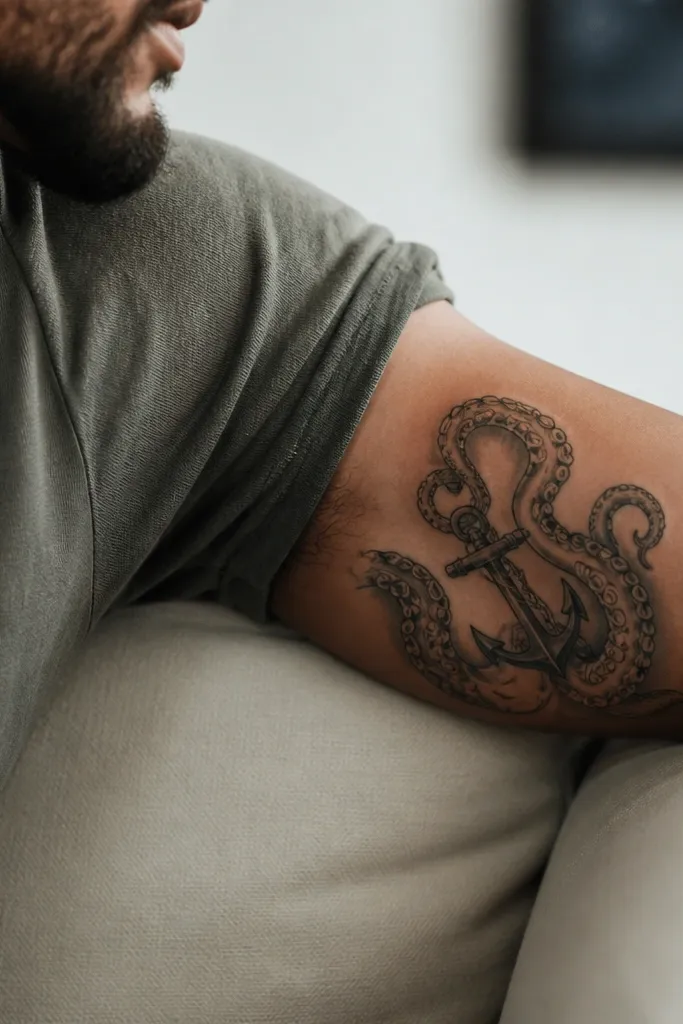 On the inner bicep, an anchor is angled slightly toward the armpit. The octopus tentacles curl inward like parentheses, wrapping around the anchor top and dipping down toward the bicep crease.
