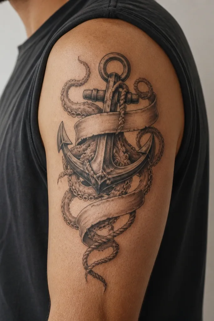 On the outer upper arm, an anchor sits near the center. A rope banner wraps behind it and trails downward, while the octopus tentacles reach around the anchor and fade into the rope tail.