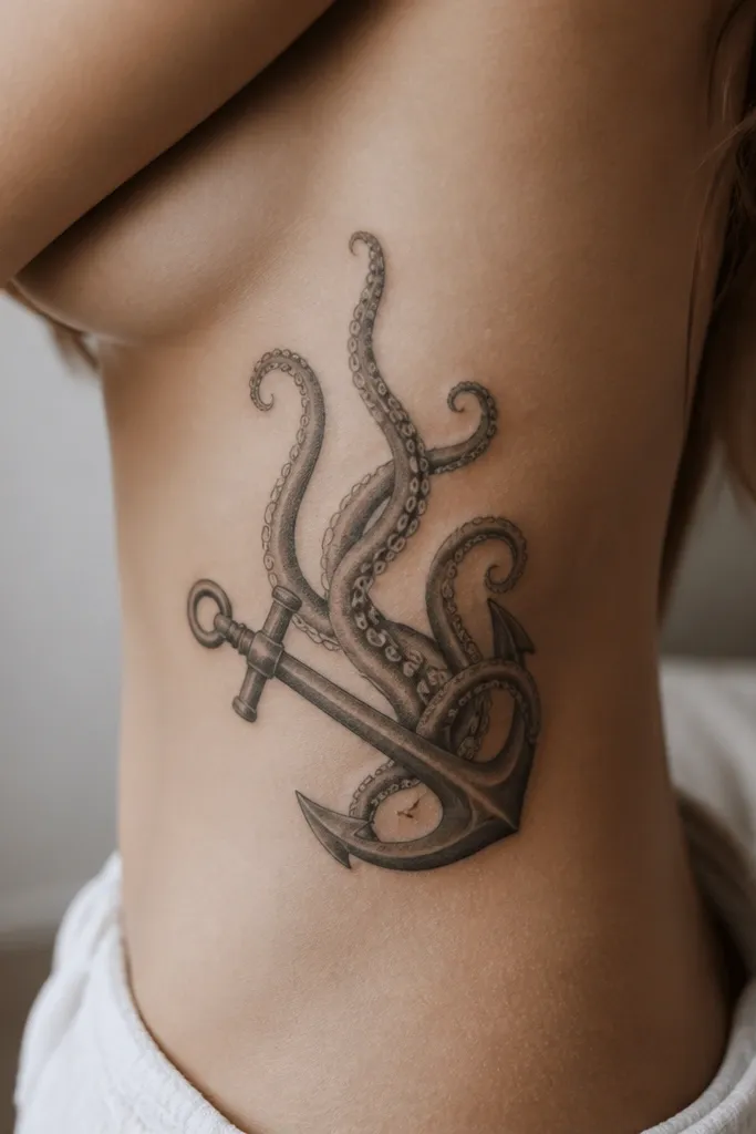 On the side ribs, a medium anchor sits horizontally-tilted so the shank runs parallel to the rib curve. Octopus tentacles flow upward and outward, wrapping around the ribs with suction cups visible only on the outer edges.