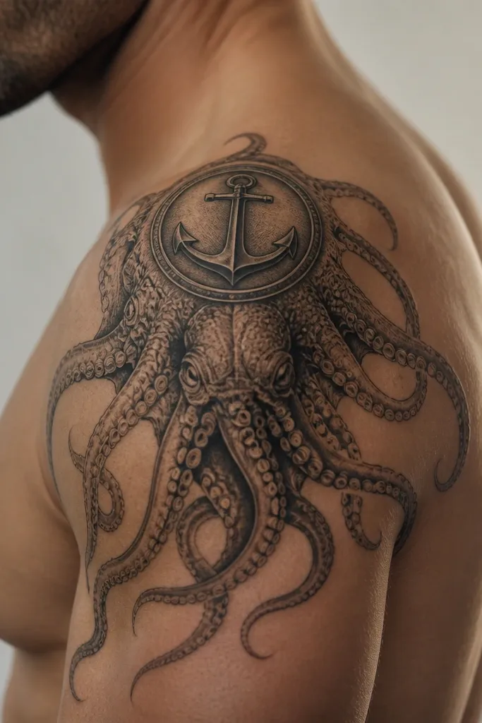 On the upper shoulder, an anchor sits like a medallion. An octopus drapes across the deltoid with tentacles spreading outward in a fan shape, and a shaded octopus body sits under the anchor.