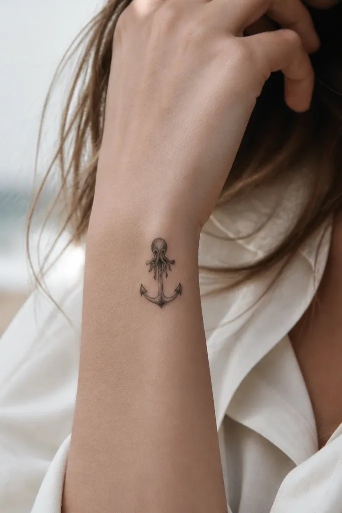 On the wrist, a small anchor sits vertically. A tiny octopus head wraps its tentacles around the anchor top, and the bell of the anchor has a simple dot gradient.