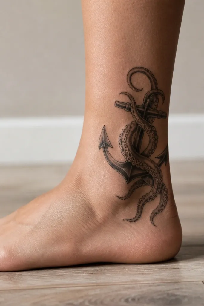 On the outer ankle, an anchor sits angled slightly forward. Tentacles wrap around the ankle bone and taper toward the Achilles area, with suction cups shown as small circles.