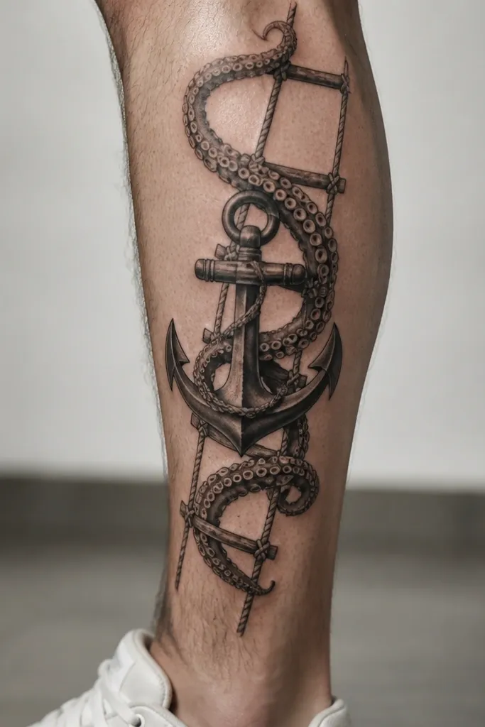 On the outer calf, an anchor sits mid-height. A rope ladder runs diagonally behind it, and octopus tentacles wrap across the rope with suction cups drawn as small oval dots.
