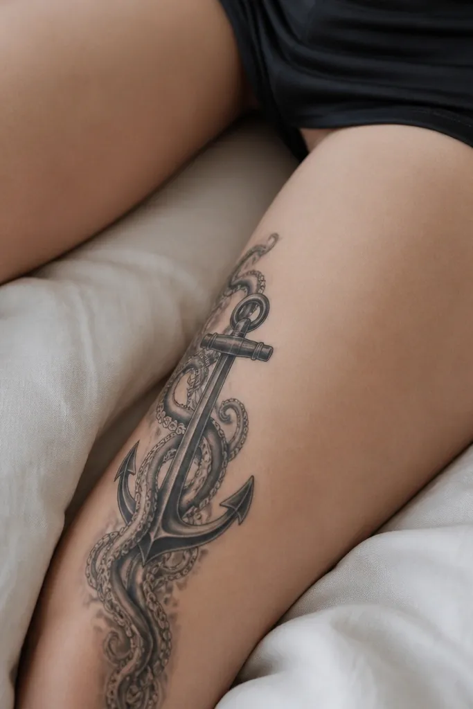 On the inner thigh, a medium anchor is placed vertically. Octopus tentacles run along the inner thigh seam line, with the octopus body tucked behind the anchor and suction cups visible on the outermost tentacle edge.