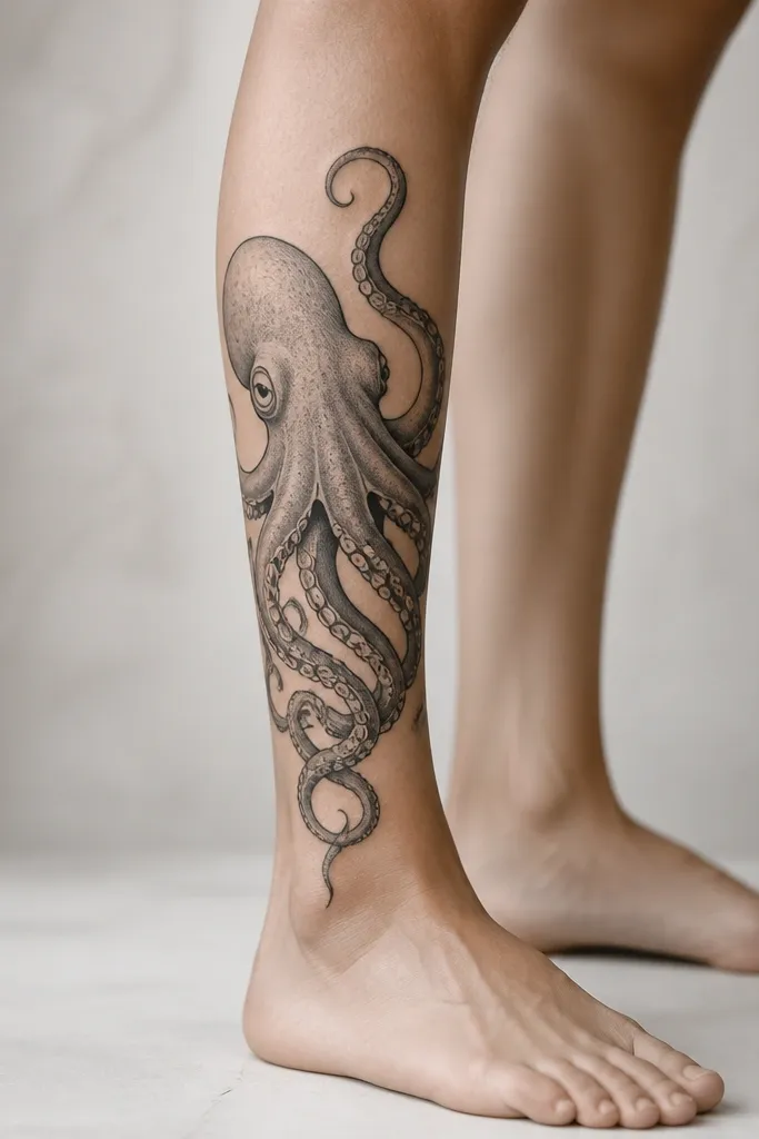 A black ink octopus on the shin with tentacles wrapping slightly around the front. Suction cups are drawn as thin ovals with dot centers, and the shading is light gray with clean negative space.