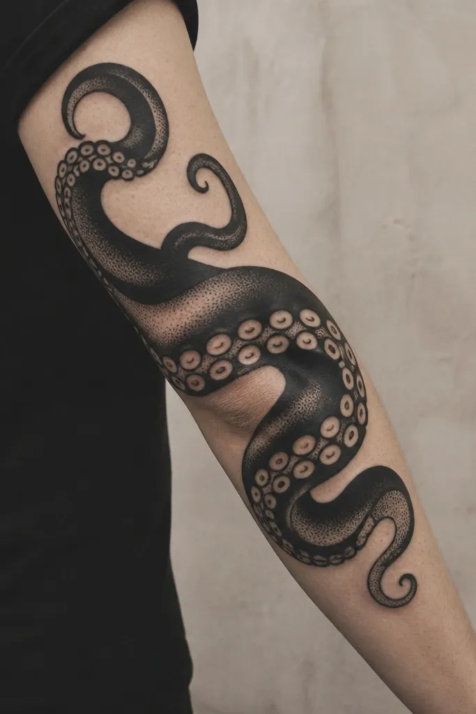 A bold blackwork octopus leg tattoo with heavy black tentacles. The suction cups are made of dense dotwork circles, and the tentacle texture shows stippling gradients.