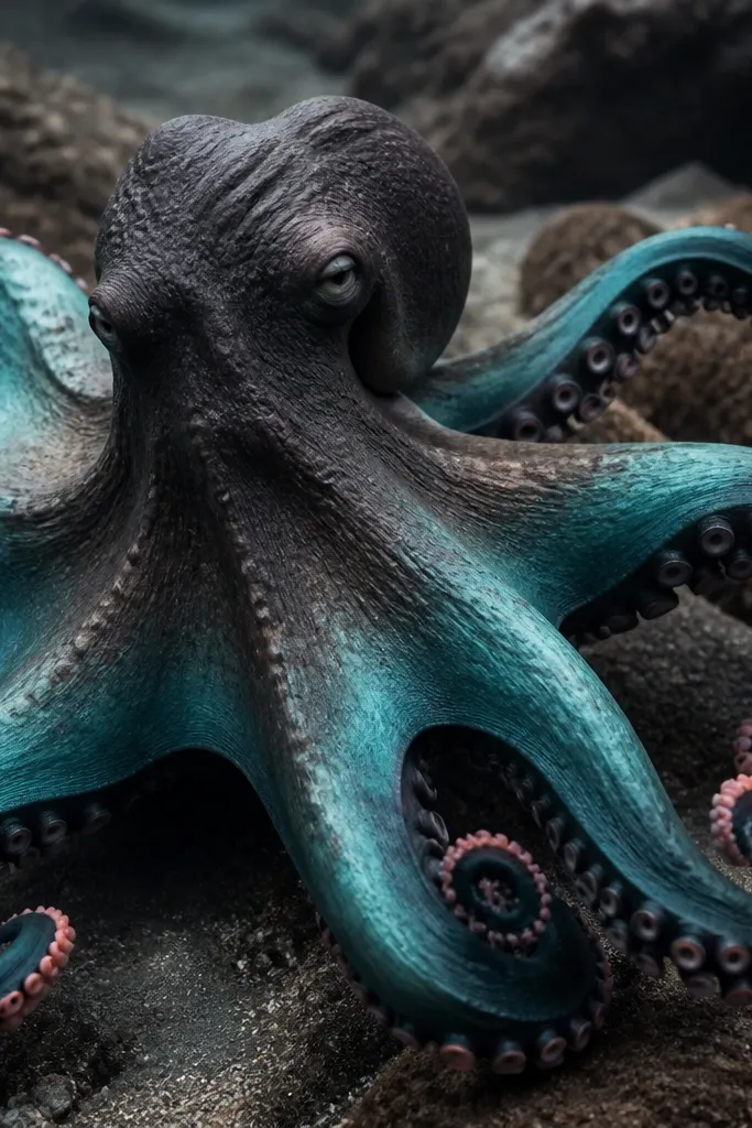 A black-and-gray octopus with teal color washes across the tentacle bodies. The tentacle tips have tiny coral-pink accents, and the suction cups remain black with light gray shading around them.