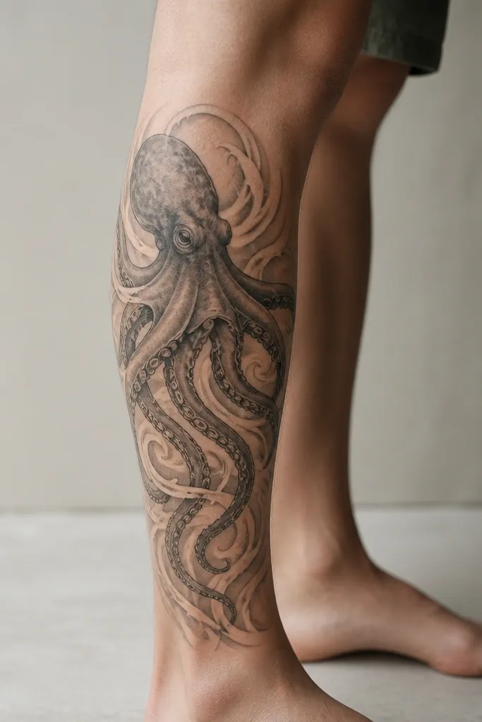 An octopus head and tentacles start at the outer knee and run down the upper calf. Behind the tentacles are negative-space wave shapes that look like water currents.