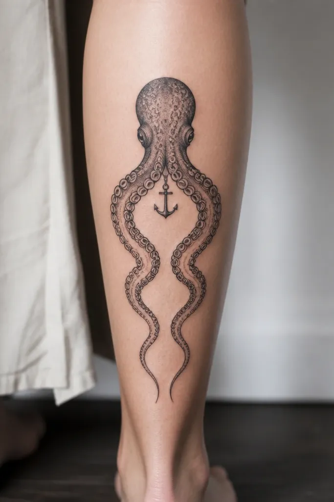 An inner calf tattoo with two mirror tentacles descending from an octopus head. A small anchor charm sits near the head, and the suction cups are evenly spaced.