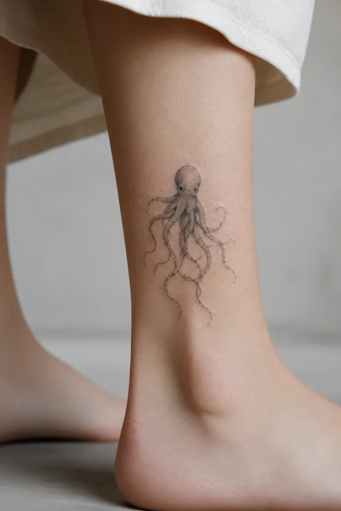 A compact octopus tattoo above the ankle with thin tendrils reaching down and outward. Tiny dot accents surround the tentacles like small sparks.