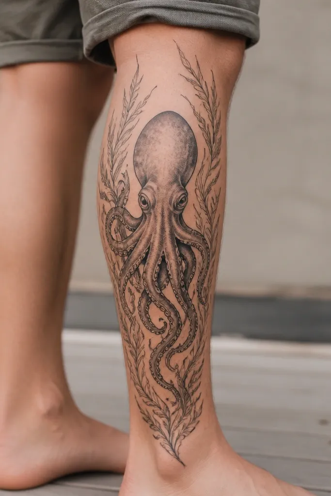 A larger leg tattoo that runs from mid-calf toward the shin with an octopus center. On both sides are seaweed-like lines framing the tentacles.