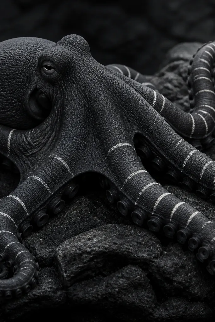 A black-and-gray octopus with tentacles that have sharp, lighter "sliced" highlight bands. Suction cups are dark, and the highlights are placed like narrow strips across the tentacle skin.