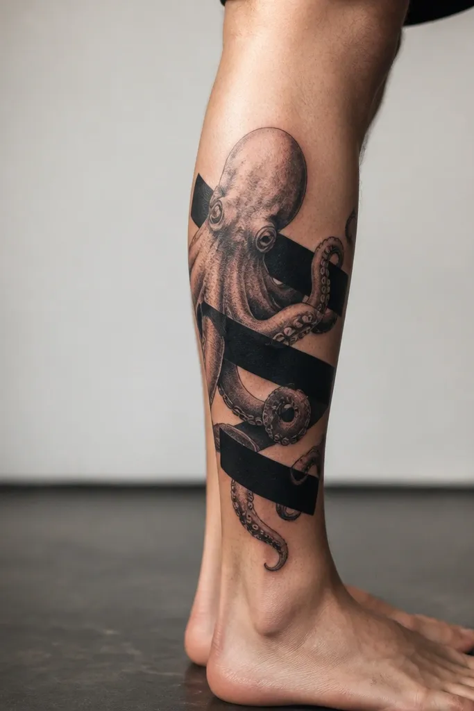 An octopus on the outer calf with tentacles curling into a few geometric bands. The bands are straight-edged black shapes, and the tentacles cross them with suction cups visible.